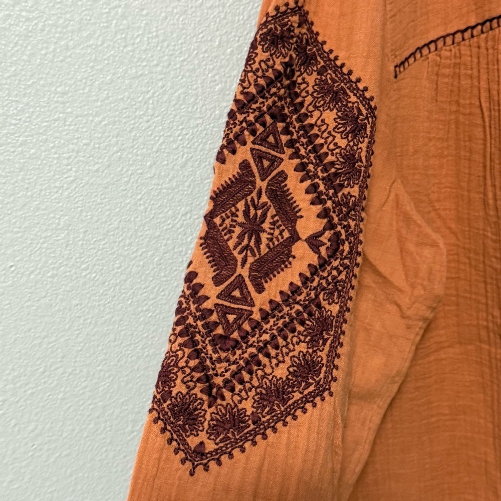 J. Jill Terracotta Cotton Gauze Blouse with Embroidered Sleeves - Picture 5 of 9